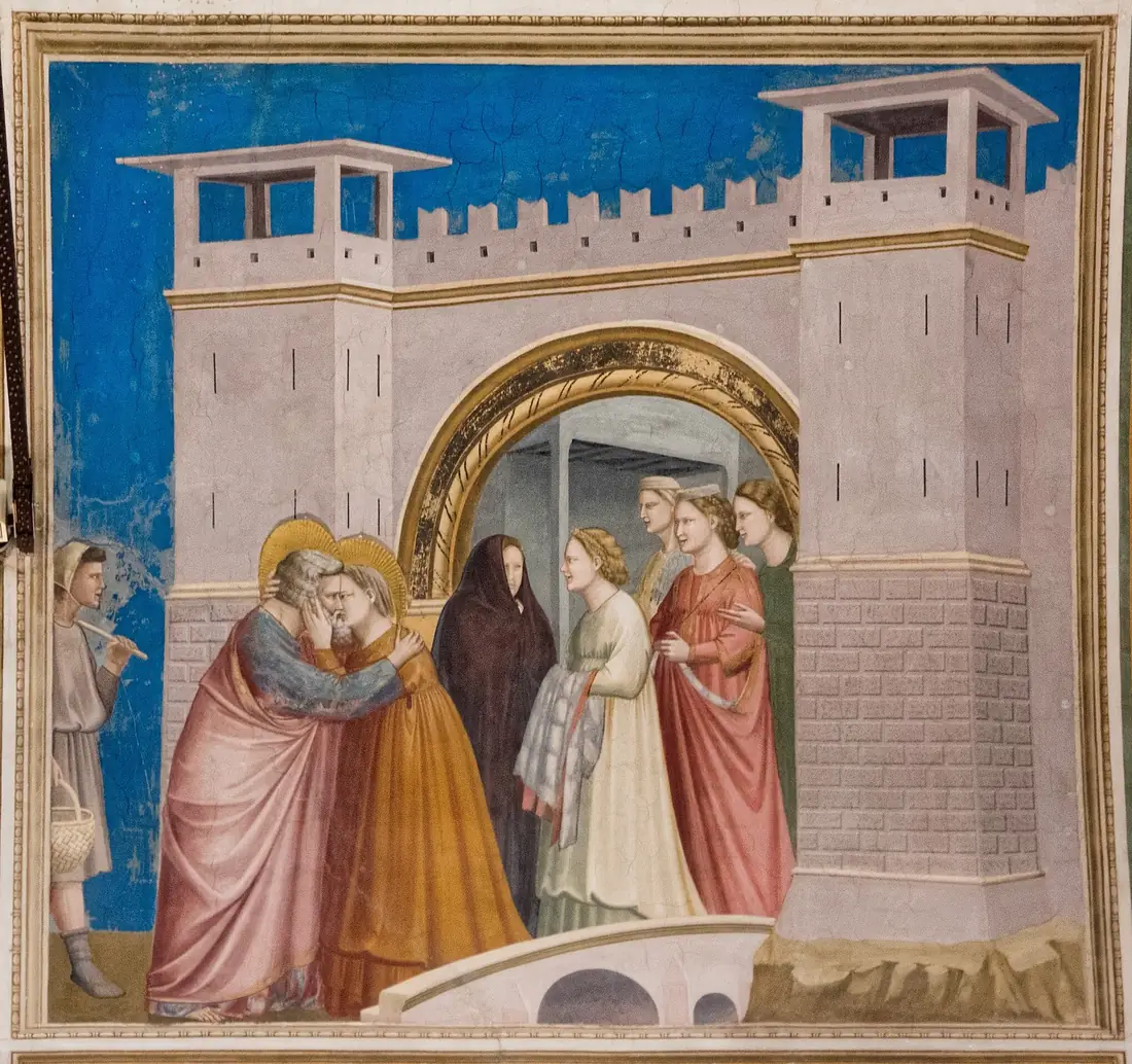 Giottos Fresko der Umarmung von Joachim und Anna am Goldenen Tor von Jerusalem, während Frauen vom Tor aus zusehen