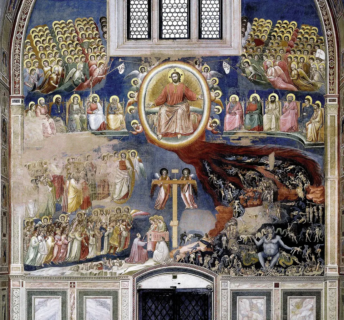 Giottos Jüngstes Gericht an der Eingangswand der Scrovegni-Kapelle, Christus in einer Mandorla über den Seligen und den Verdammten