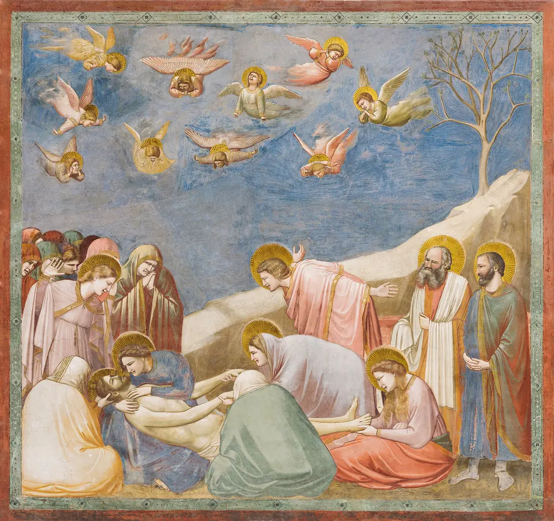 Giottos Fresko der Beweinung des toten Christus, mit Trauernden am Boden und trauernden Engeln am Himmel